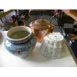 A VICTORIAN COPPER KETTLE BY BENHAM AND FROUD, A WHITE EARTHENWARE JELLY MOULD AND AN ISNIK STYLE