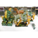 A CHINESE TILEWORKS MODEL OF A HORSE AND TWO PAIRS OF CHINESE TILEWORKS TYPE MODELS OF HORSES OR