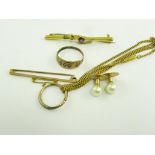 A GOLD BAR BROOCH SET WITH AN AMETHYST AND SPLIT PEARL FLOWER, A GOLD BAR BROOCH, A TURQUOISE AND