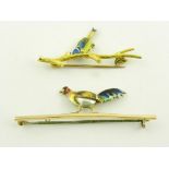 A GOLD, ENAMEL AND SPLIT PEARL PHEASANT BAR BROOCH AND A GOLD AND ENAMEL BROOCH IN THE FORM OF A