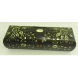 A VICTORIAN MOTHER OF PEARL INLAID ROSEWOOD GLOVE BOX DECORATED WITH FLOWERS AND FOLIAGE