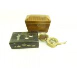 A VICTORIAN AND LINE INLAID TEA CADDY, A JAPANESE LACQUER BOX AND A REPRODUCTION BRASS COMPASS