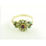 AN EARLY VICTORIAN RUBY, TURQUOISE AND SPLIT PEARL CLUSTER RING IN GOLD, 2.1G