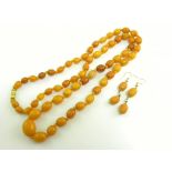 AN AMBER NECKLACE AND A PAIR OF AMBER BEAD DOUBLE DROP EARRINGS, GOLD WIRE LOOPS, 41G