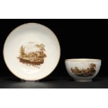 A PINXTON TEA BOWL AND SAUCER, 1796-1813 painted with landscapes, saucer 13.5cm diam ++Slight