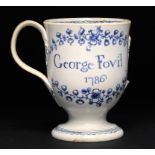 A DATED YORKSHIRE PEARLWARE LOVING CUP ATTRIBUTED TO SWINTON, 1786 inscribed with the name George
