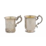 TWO VICTORIAN SILVER CHRISTENING MUGS one engraved with wrigglework, 9 and 9.5cm h, both London,