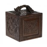 A CHINESE MAHJONG SET IN CARVED WOOD CUBE SHAPED BOX, EARLY 20TH C containing bone and bamboo