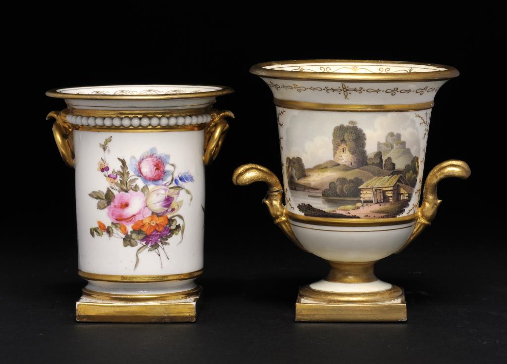 A FLIGHT, BARR & BARR MINIATURE VASE AND SPILL VASE, C1820 painted with an ivy clad tower or a