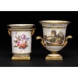 A FLIGHT, BARR & BARR MINIATURE VASE AND SPILL VASE, C1820 painted with an ivy clad tower or a