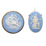 A GOLD BROOCH AND PENDANT SET WITH WEDGWOOD JASPER WARE CAMEOS, C1900 impressed WEDGWOOD ++Both in