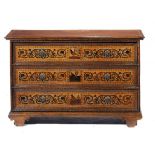 AN ITALIAN WALNUT, FRUITWOOD AND POKERWORK CHEST OF DRAWERS, EARLY 18TH C the sides with pairs of