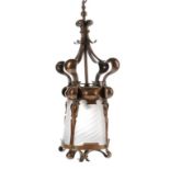 AN ARTS & CRAFTS COPPER HALL LANTERN, C1905 with the original copper ceiling rose and frosted