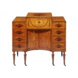 A GEORGE III SATINWOOD, ROSEWOOD, SYCAMORE AND BURR YEW DRESSING TABLE IN THE MANNER OF MAYHEW AND