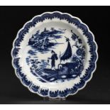 A CAUGHLEY BLUE AND WHITE PLATE, C1779-88 printed with the Fisherman pattern, 15.5cm diam, impressed