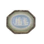 A WEDGWOOD THREE COLOUR JASPER MEDALLION MOUNTED IN A SILVER BROOCH, C1900 marcasite border,