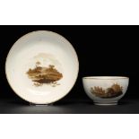 A PINXTON TEA BOWL AND SAUCER, 1796-1813 painted with landscapes, saucer 13.5cm diam ++Saucer with