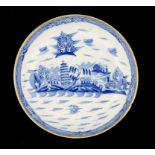 A CAUGHLEY BLUE AND WHITE SAUCER DISH, C1790 freely painted with the Tower pattern, 22cm diam ++