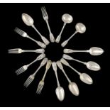 A COMPOSED SET OF GEORGE III-VICTORIAN SILVER TABLE SPOONS, TABLE FORKS AND SAUCE LADLES, Fiddle,