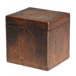 A GEORGE III BURR YEW WOOD, ROSEWOOD AND MAHOGANY TEA CADDY, C1780 the interior with the original