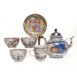 A CHINESE IMARI GLOBULAR TEAPOT AND COVER AND A PAIR OF TEA BOWLS, ANOTHER TEA BOWL AND A COFFEE CUP