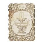 A VICTORIAN SILVER CARD CASE the front engraved with a fountain, the reverse with a lakeside