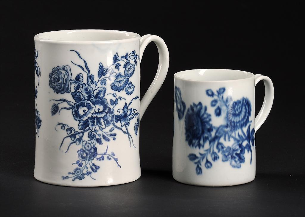 TWO CAUGHLEY BLUE AND WHITE MUGS, C1775-79 printed with the Cabbage Rose Sprays or Three Flowers