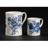 TWO CAUGHLEY BLUE AND WHITE MUGS, C1775-79 printed with the Cabbage Rose Sprays or Three Flowers