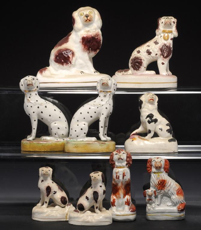 A PAIR OF STAFFORDSHIRE EARTHENWARE MINIATURE MODELS OF DALMATIAN DOGS AND SEVEN VARIOUS OTHER