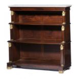 AN EGYPTIAN REVIVAL PARCEL GILT MAHOGANY OPEN BOOKCASE, 19TH C of 'waterfall' type with marble slab,