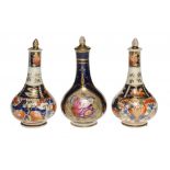 ONE AND A PAIR OF DERBY COBALT GROUND SCENT BOTTLES AND STOPPERS C1820 10cm h, red printed or