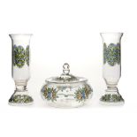 A PAIR OF AUSTRIAN OR GERMAN ENAMELLED GLASS VASES AND A BOWL AND COVER, C1920 vases 27.5cm h ++