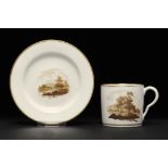 A PINXTON COFFEE CAN AND STAND OR CUP PLATE, 1796-1813 painted with landscapes, stand 12.5cm