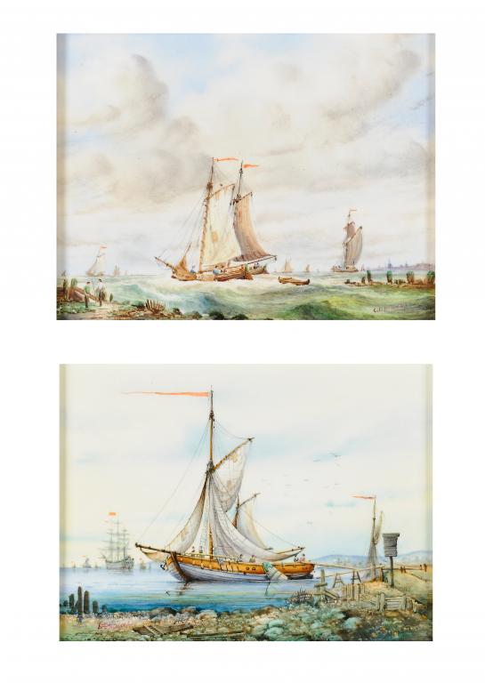 TWO ENGLISH PORCELAIN PLAQUES PAINTED BY S D NOWACKI, LATE 20TH C with shipping scenes, both signed,