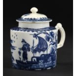 A CAUGHLEY BLUE AND WHITE MUSTARD POT AND A CAUGHLEY COVER, C1779-88 printed with the Fisherman