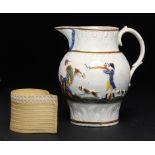 A STAFFORDSHIRE DRY BODIED STONEWARE TEAR SHAPED CUSTARD CUP, C1790 AND A PRATTWARE WOODCOCK