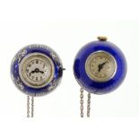 TWO SWISS SILVER GILT AND GUILLOCHE ENAMEL PENDANT WATCHES, C1920 23mm diam ++Plain blue example