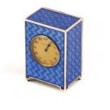 A SILVER AND BLUE GUILLOCHE ENAMEL MINIATURE CARRIAGE CLOCK MADE FOR ASPREY & CO, LONDON 6.8cm h,