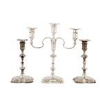 A PAIR OF ELIZABETH II SILVER CANDLESTICKS AND A CANDELABRUM candelabrum 29cm h, by J B Chatterley &