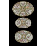 THREE GRADUATED CANTON FAMILLE ROSE DISHES, MID 19TH C 26-33.5cm wide ++Smallest dish with tiny spot