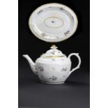 A RARE CAUGHLEY POLYCHROME 'CRINKLED' OVAL TEAPOT, COVER AND STAND, C1798-99 enamelled with the