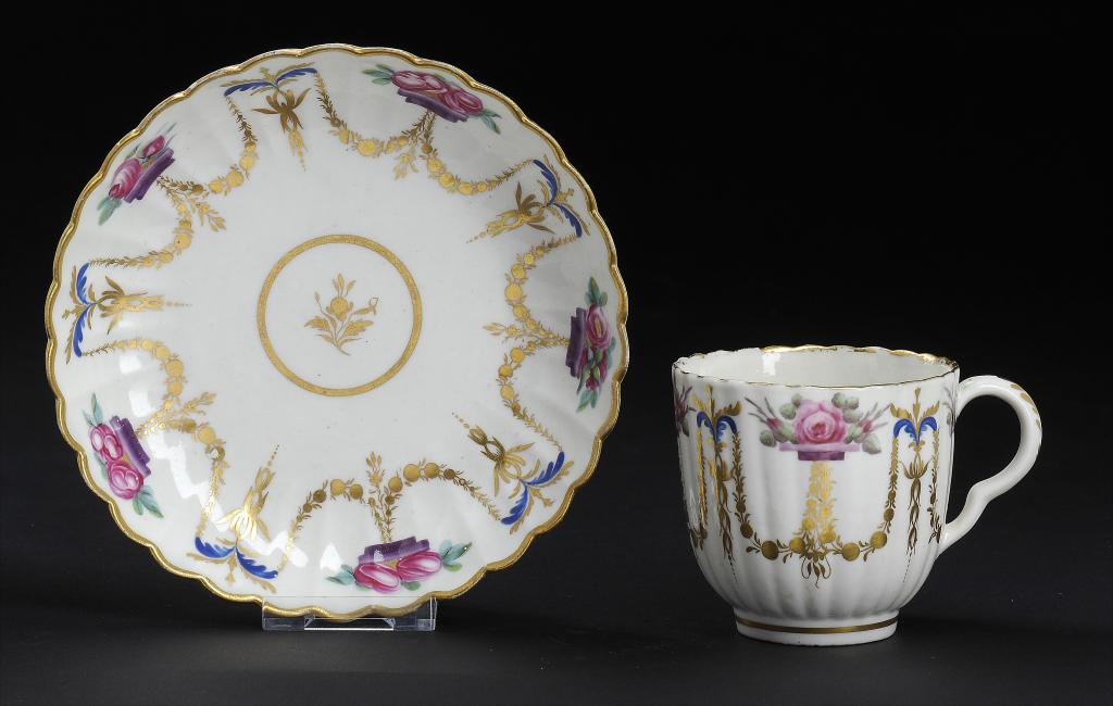 A CAUGHLEY POLYCHROME COFFEE CUP AND SAUCER, C1788-93 saucer 14cm diam Exhibited: 2005, No 179.