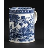 A CAUGHLEY BLUE AND WHITE MUG, C1779-88 printed with the Parrot Pecking Fruit pattern, 8.5cm h,