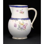 A DERBY BLUE AND GILT BORDERED JUG, C1780-84 painted with loose bouquets, 22cm h, crown over D in