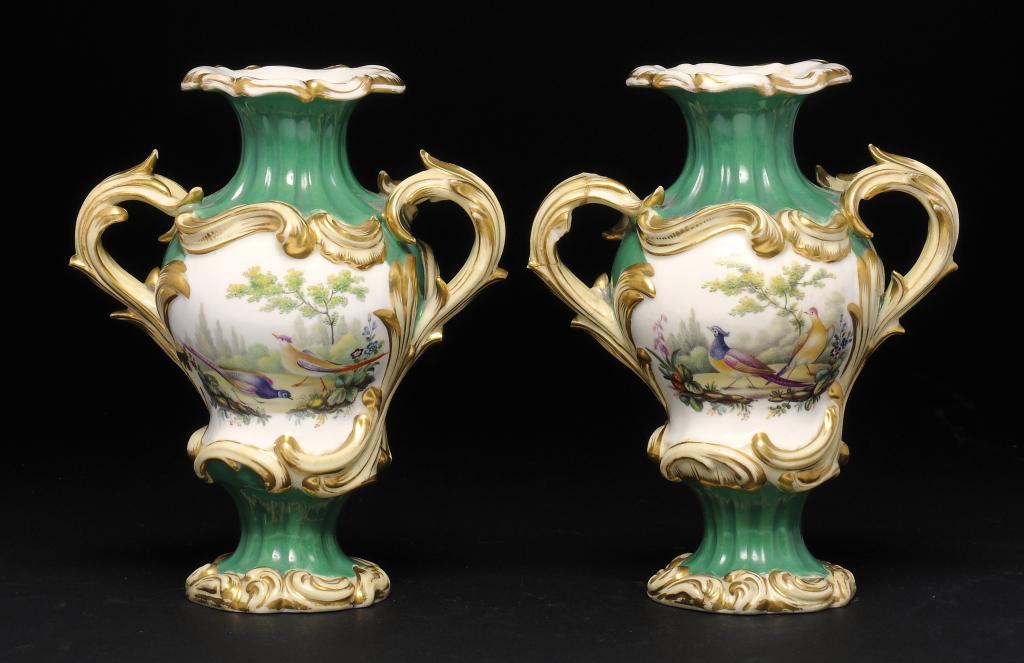 A PAIR OF MINTON GREEN GROUND DRESDEN ANTIQUE VASES, C1840 painted with exotic birds to one side and