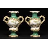 A PAIR OF MINTON GREEN GROUND DRESDEN ANTIQUE VASES, C1840 painted with exotic birds to one side and