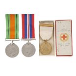 BRITISH RED CROSS SOCIETY MEDAL FOR WAR SERVICE, 1920 box of issue and Defence Medal and War Medal