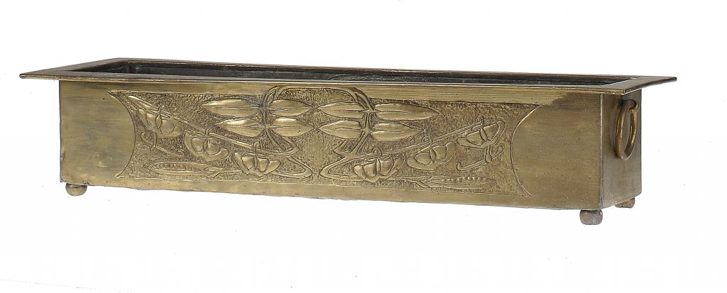 A SCOTTISH ARTS & CRAFTS BRASS FLOWER TROUGH, GLASGOW, SCHOOL OF MARGARET GILMOUR, C1900 56cm w ++In