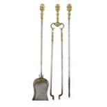 A SET OF THREE VICTORIAN BRASS AND BURNISHED STEEL FIRE IRONS, MID 19TH C 79cm l ++Some light