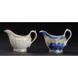 A CALCUT WHITE AND GILT FLUTED CREAM BOAT AND A JOHN ROSE BLUE AND WHITE CREAM BOAT, C1794-96 AND
